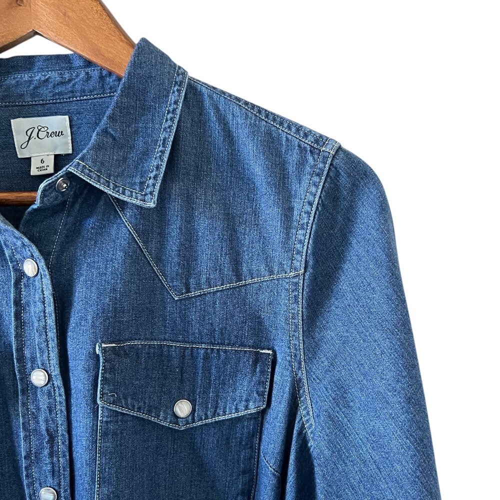 J Crew Denim Pearl Snap Western Style Shirtdress With Tie Belt Size 6 - Picture 6 of 14